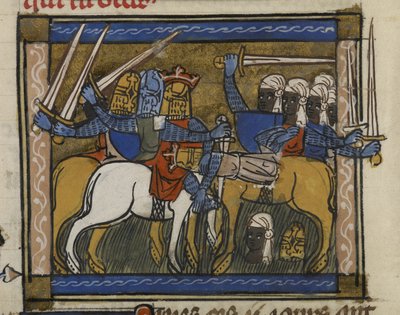 Royal MS 19 D I, f.77v Battle of Czyngis-chan i Prester John, z „Marco Polo, The Devising of the World, w poprawionej wersji przypisywanej Thibault de Cépoy”, c.1333-40 (tusz, kolor i złoto na welinowy); autorstwa French School