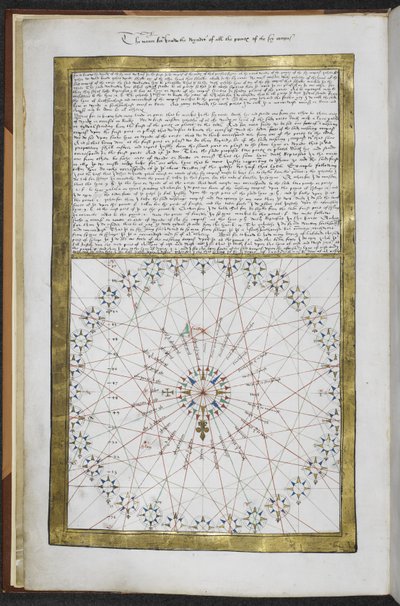 Royal MS 20 E IX f.3v „Sposób poznania świata wszystkich czubków sey compas”, z diagramem róży wiatrów, z „Boke of Idrography” („Atlas Rotz”) autorstwa French School