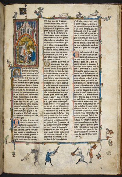 Royal Ms 14 e III f.140r Henryk II Anglii z skrybą, ilustracja z „Historia Świętego Graala, Poszukiwanie Świętego Graala, Morte Arthur”, c.1315-25 (welum) autorstwa French School