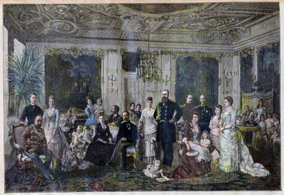 Rodziny królewskie gromadzące się w Danii z okazji srebrnego ślubu cara i carycy w małej wiosce Juleboekshusene z „Le Petit Journal”, 26 września 1891 (kolorowa rycina) autorstwa French School