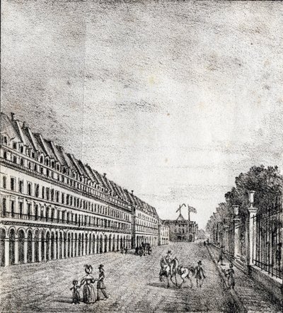 Rue de Rivoli, Paryż - "Alphabet Picturesque des Monumens de Paris" ok. 1840 r. (rycina) autorstwa French School