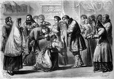 Rosyjski zwyczaj - Ślub - 1860: ceremonia przedślubna. Ojciec chrzestny i matka chrzestna błogosławi przyszłe małżeństwa. Ojciec chrzestny przedstawia im obraz Chrystusa lub Dziewicy, symbol konsekracji zakonnej. Matka chrzestna trzyma chleb i sól nad głow autorstwa French School