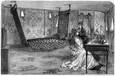 Rosyjski pociąg cesarski używany przez księcia i księżną Edynburga w 1874 roku: wagon sypialny. Grawer w „”Le Monde Illustré””n°886 z dnia 6 kwietnia 1874 r. autorstwa French School