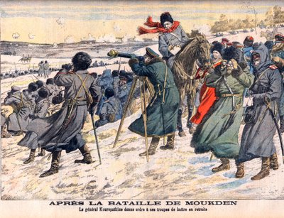 Wojna rosyjsko-japońska - po bitwie pod Mukdenem Rosyjski dowódca generał Kuropatkin nakazuje odwrót swojej armii. Wojna rosyjsko-japońska (1904-1905) - po bitwie pod Mukden. Generał Kuropatkin rozkazuje swoim żołnierzom odwrót. Ilustracja do Le p autorstwa French School