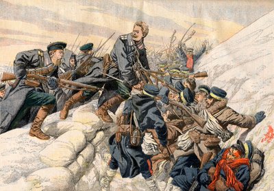 Wojna rosyjsko-japońska - Walka w okopach w Port Arthur, wojna rosyjsko-japońska. Bohaterska śmierć rosyjskiego porucznika Aleksandra - W okopach Port Arthur. Heroiczna śmierć rosyjskiego porucznika Aleksandra. Ilustracja do Le petit Journal autorstwa French School
