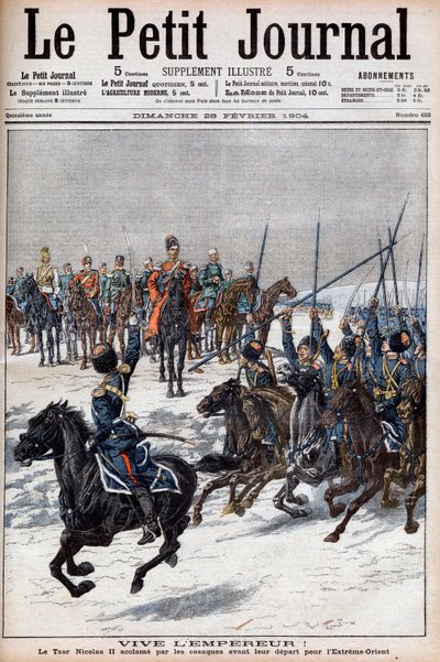 Wojna rosyjsko-japońska 1904-1905 - Kozacy uhonorowali cara Mikołaja II przed wyjazdem na Daleki Wschód, by walczyć z Japończykami w „Le Petit Journal”, 28 lutego 1904 (rycina) autorstwa French School