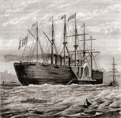 SS Great Eastern, żelazny żaglowiec parowy zaprojektowany przez Isambarda Kingdom Brunela, z Les Merveilles de la Science, wydany ok. 1870 (rycina) autorstwa French School