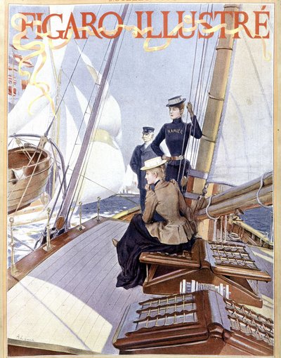 Żeglarstwo: kobiety na pokładzie łodzi - rysunek w „Ilustracji Figara” z 1891 r., art. deco. autorstwa French School