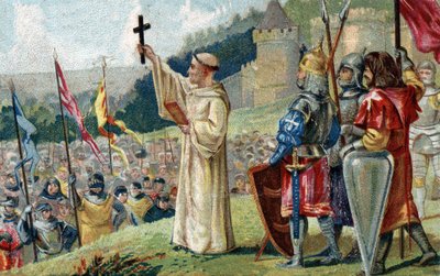 Św. Bernard z Clairvaux (San Bernardo di Chiaravalle) głoszący drugą krucjatę w obecności króla Ludwika VII i królowej Alienor Akwitanii i księdza Sugera w Vezelay w Burgundii 31 marca 1146 r. (Św. Bernard przepowiada drugą krucjatę w Vez autorstwa French School