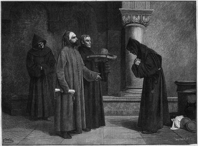 Święty Bonawentura (Giovanni di Fidanza, znany jako Doktor Seraphique, San Bonaventura) (1221-1274) otrzymuje kapelusz kardynała. Został konsekrowany na kardynała-Eveque Albano w 1273 przez Gregoire X w 1273. Grawerowanie Baucharta z obrazu Santara. autorstwa French School