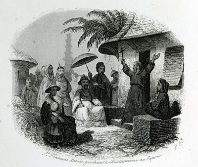 Święty Franciszek Ksawery głosił chrześcijaństwo w Japonii. Grawerowanie do Illustrer History and Description of Japan autorstwa Pere de Charlevoix, A.Mame et Compagnie editeurs, Tours autorstwa French School