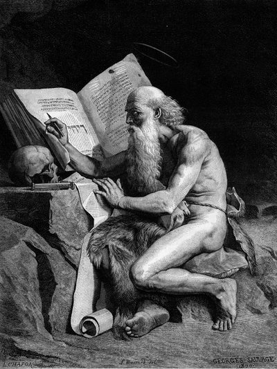 Święty Hieronim na pustyni. Grawerowanie według obrazu Georgesa Sauvage (Auguste Albert Georges Sauvage dit) (XIX w.). Grawerowanie w „”Le Monde Illustré””n°1196 z 28 lutego autorstwa French School