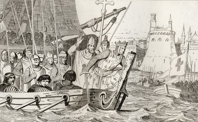 سینټ لوئیس IX (1214-70) په جګړه کې د خپلو سرتیرو مشري کوي، د کولارټ لخوا د "Histoire de France" څخه، c.1840 poli چاپ شوی autorstwa French School