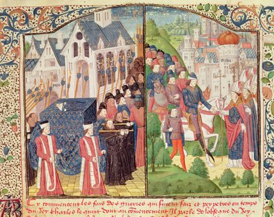 Pogrzeb św. Ludwika w Paryżu w 1270 r. i Przybycie Karola V do Reims w 1364 r. na koronację w katedrze, z rękopisu „Chroniques” Jeana Froissarta (ok. 1337-ok. 1405) (wellum) autorstwa French School