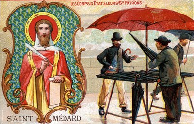 Św. Médard, patron sprzedawców parasolek, ok. 1910 r. (litografia kolorowa) autorstwa French School