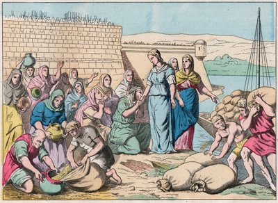 Sainte Genevieve rozdaje ludziom żywność podczas oblężenia Paryża przez armię Hunów Attyli w 451 (najazdy barbarzyńców) - Sainte Genevieve i lud Paryża - Rycina z końca XIX wieku w „Nos Gires Nationales - Zdjęcia autorstwa French School