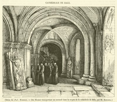 Salon 1843, Malarstwo, Des Moines transportant un cercueil dans la crypte de la cathedrale de Bale (rycina) autorstwa French School