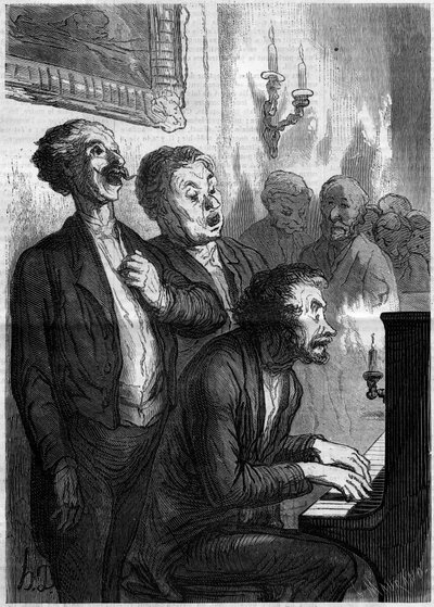 Salon piosenkarzy. Karykatura Honore Daumiera (1808-1879). Grawer w „”Le Monde Illustré””n°290 z dnia 1 listopada 1862 r. autorstwa French School
