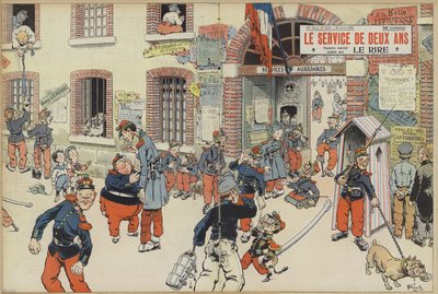 Satyra na wprowadzenie poboru do armii francuskiej. Ilustracja do Le Rire (kolor lito) autorstwa French School