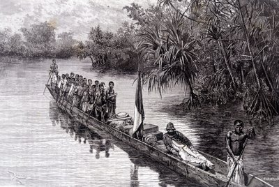 Savorgnan of Brazza w czółnie w pandanusie Afryki Zachodniej - w „Tour du Monde”, 2 tydzień 1887 autorstwa French School
