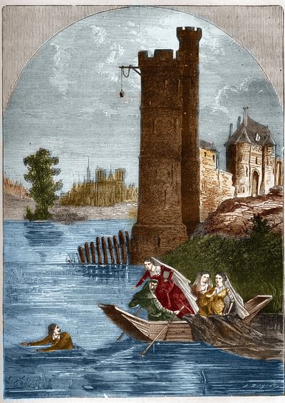 Skandal (afera) z wieżą Nesle: Buridan zdołał uciec z wieży Nesle w Paryżu w 1314 roku pomimo zasadzki zastawionej przez królową Małgorzatę Burgundii (1290-1315). Grawer w „Histoire de la prostitution et de la debauche dans les peuples du g autorstwa French School