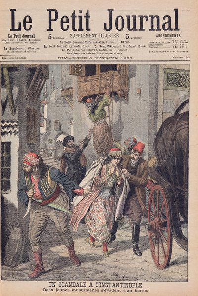Skandal w Konstantynopolu, dwie młode muzułmanki uciekające z haremu, ilustracja z „Le Petit Journal”, 4 lutego 1906 autorstwa French School