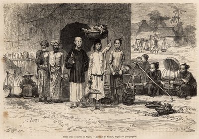 Scene du marche de Saigon, rycina według rysunku D.Maillarda, ilustrująca podróż do Cochinchine, autorstwa doktora Morice