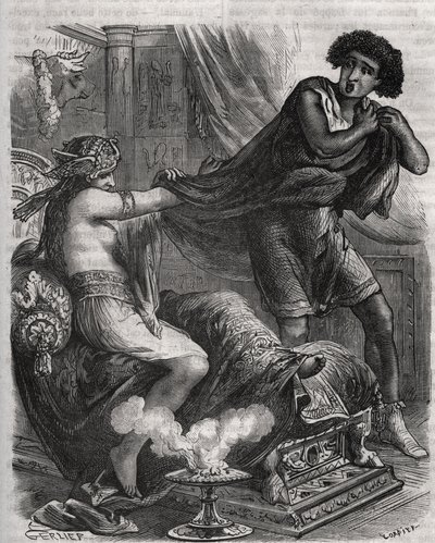 Scena z Biblii: „”Złapała za tunikę zbyt cnotliwego młodzieńca”””. Żona Putifara (Potifara) próbuje uwieść Józefa, niewolnika faraona. Grawer z 1871 r. w „Histoire Des Cocus Celebres” Henry