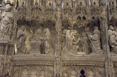 Scena chóru katedry w chartres: po lewej: objawienie Chrystusa matce, po prawej: wniebowstąpienie autorstwa French School