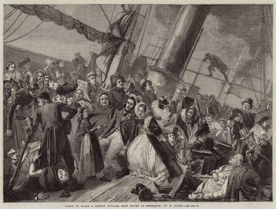 Scena na pokładzie francuskiego parowca z Hawru do Honfleur (grawerunek) autorstwa French School