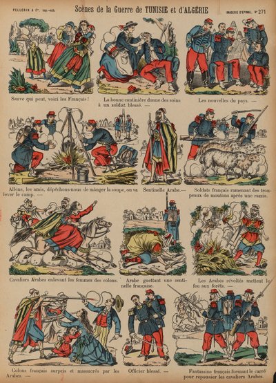 Sceny z francuskich wojen kolonialnych w Algierii i Tunezji (kolorowy grawerunek) autorstwa French School