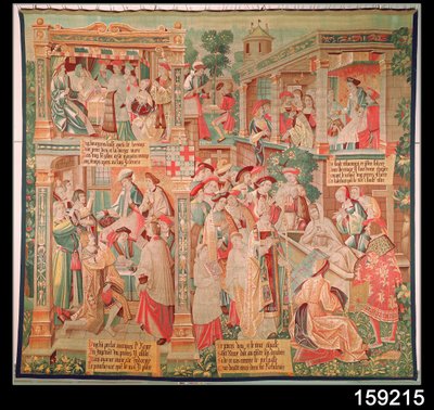 Sceny z życia św. Remigiusza (zm. 533) biskupa Reims: Cud bogaczy Testament i zmartwychwstanie martwego człowieka, 1531 autorstwa French School
