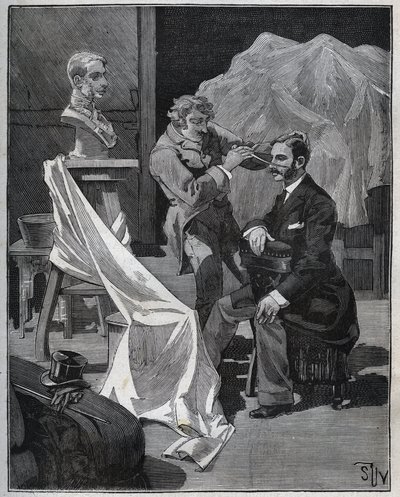 Rzeźba, warsztat rzeźbiarza, ognisko i rzeźba popiersia. Grawer z 1880 roku w „Les arts et metiers illustres” Adolphe BITARD. autorstwa French School