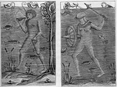 Żołnierz morski: nurek i człowiek broni. Ryciny z figur drewnianych z XVI wieku. W „La Marine et les colonies: handel” autorstwa French School