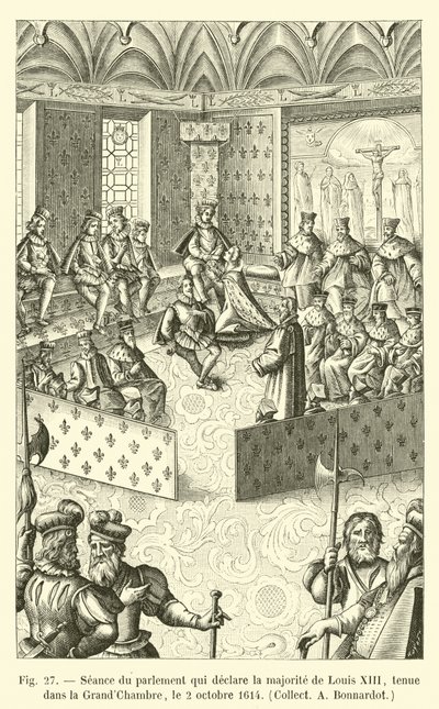 Sesja parlamentu, który ogłasza większość Ludwika XIII, odbyła się w Wielkiej Izbie, 2 października 1614, Collect A Bonnardot autorstwa French School