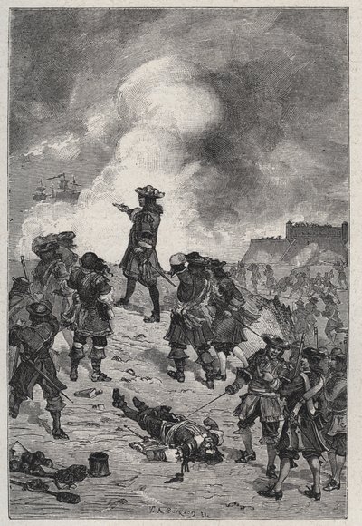 Sebastian Prestre lord Vauban (1633-1717), marszałek Francji broni Brześcia przed atakiem floty angielskiej w 1695 r. - rycina w „Les Hommes Celebres de la France” Louisa Dumasa 1889 autorstwa French School