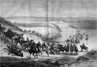 Wojna secesyjna (1861-1865) lub wojna secesyjna: przekroczenie Potomaku przez południową kawalerię generała Stuarta. Grawerowanie w „”Le Monde Illustré””n°293 z 22 listopada autorstwa French School