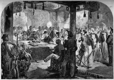 Druga wojna opiumowa między Francją a Anglią i Chinami (1858-1860) - podpisanie traktatu w Tianjin (Tientsin) w 1858 r.: ambasadorowie Anglii i Francji Lord Elgin (James Bruce autorstwa French School