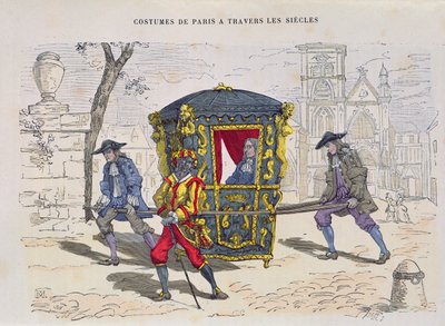 Krzesło Sedan w XVI wieku, z Costumes de Paris a Travers les Siecles, wydane 1887 (kolorowe grawerowanie) autorstwa French School