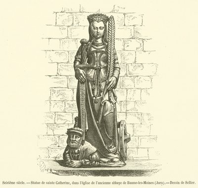 XVI w., Figura św. Katarzyny, w kościele dawnego opactwa Baume-les-Moines, Jura (rycina) autorstwa French School