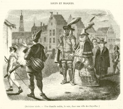 XVI wiek, Szlachecka rodzina wieczorem w mieście w Holandii (rycina) autorstwa French School