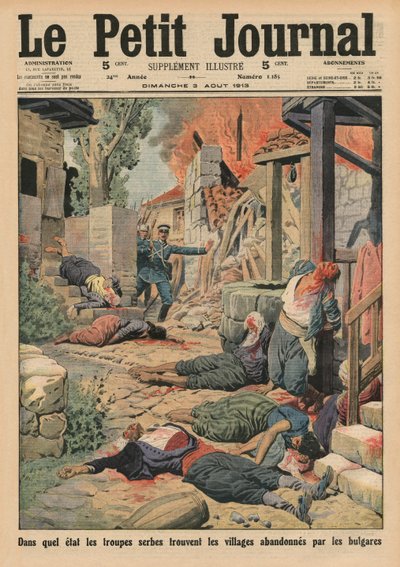 Wojska serbskie przybywające do opuszczonych przez Bułgarów wsi, ilustracja na okładce z „Le Petit Journal”, dodatek ilustr., 3 sierpnia 1913 autorstwa French School