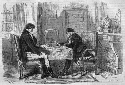 Seria powieści: „Bogaci i biedni” Emile Souvestre (1806-1854). Dwóch mężczyzn mówi: „Skruple nigdy nikogo nie torturowały”. Grawer w „”Les bons romance”” autorstwa French School