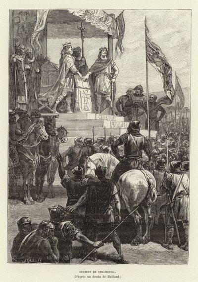 Serment de Strasbourg. Przysięgi Strasburga, sojusz Ludwika Niemieckiego i Karola Łysego, królów wschodniej i zachodniej Francji, 842 (rycina) autorstwa French School