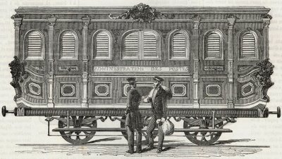 Poczta - widok zewnętrzny mobilnego biura - Grawerowanie w „Tableau-de-Paris” autorstwa Edmonda Texiera 1852 autorstwa French School