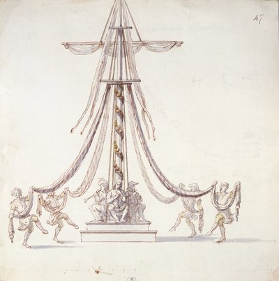 Scenografia baletu z marynarzami tańczącymi wokół masztu, z kolekcji Les Menus Plaisirs du Roi (toaleta i pióro i atrament na papierze) autorstwa French School