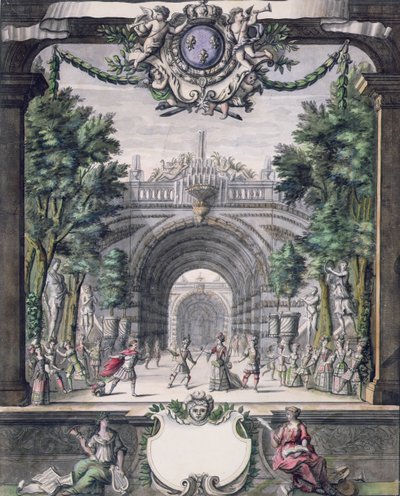 Scenografia do niezidentyfikowanego baletu, zaczerpnięta z kolekcji Menus Plaisirs du Roi (pióro i atrament oraz wc na papierze) autorstwa French School