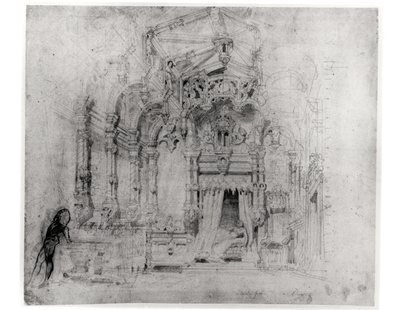 Scenografia do pierwszej inscenizacji Angelo, tyran de Padoue Victora Hugo (1802-85), 1835 (pióro i atrament na papierze) autorstwa French School