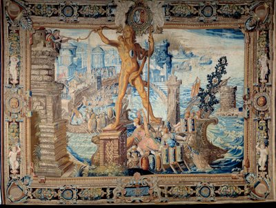 Siedem cudów świata: Kolos z Rodos (posąg Heliosa). Gobelin wykonany przez pracownię Gobelinów. XVII-wieczny Paryż, Musee des Gobelins autorstwa French School