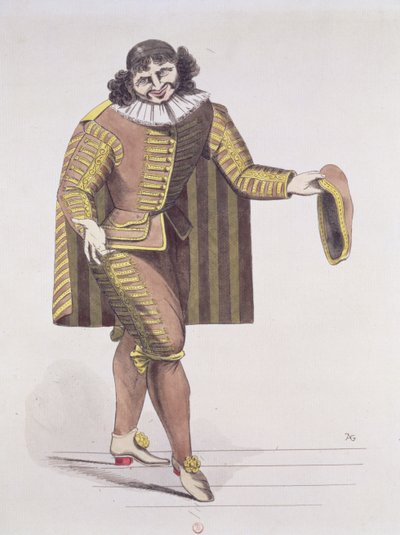 Sganarelle w LEcole des Maris Moliera, premiera 24 czerwca 1661 w Palais-Royal Theatre w Paryżu (pióro, atrament i toaleta na papierze) autorstwa French School